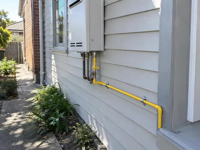 Yellow gas pipe and meter on a weatherboard exterior wall in Waverley