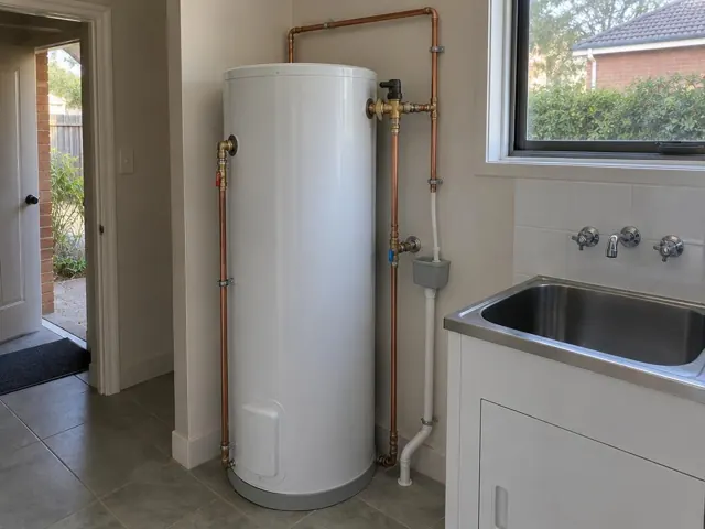 Indoor hot water cylinder beside a sink in a tiled laundry room with copper pipework in Bronte