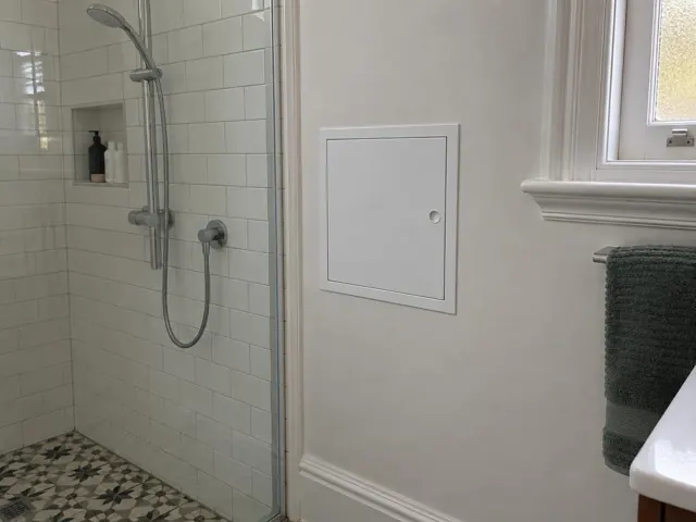 Bathroom wall with a small access panel beside a shower and window in Bronte